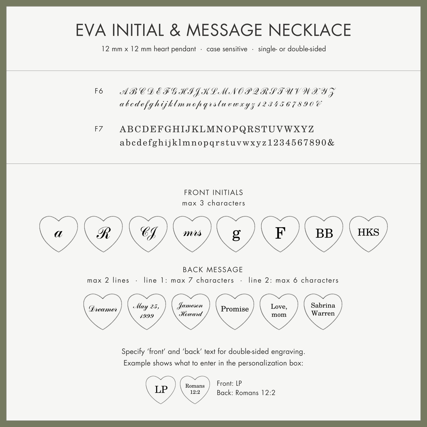 Font chart instructions for Eva Heart Initial Necklace