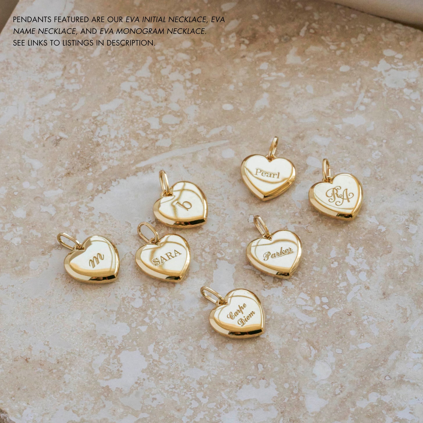 Engraved custom initials, names, and monograms on gold heart pendant necklaces